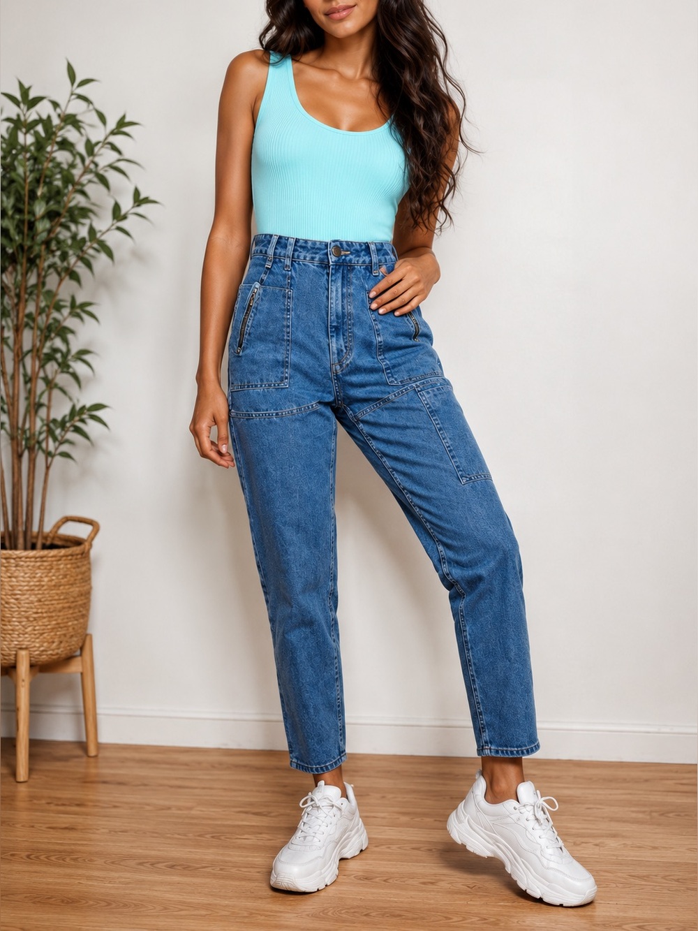 Topshop Mom Jeans Zipper Pockets Utility Style Size 28